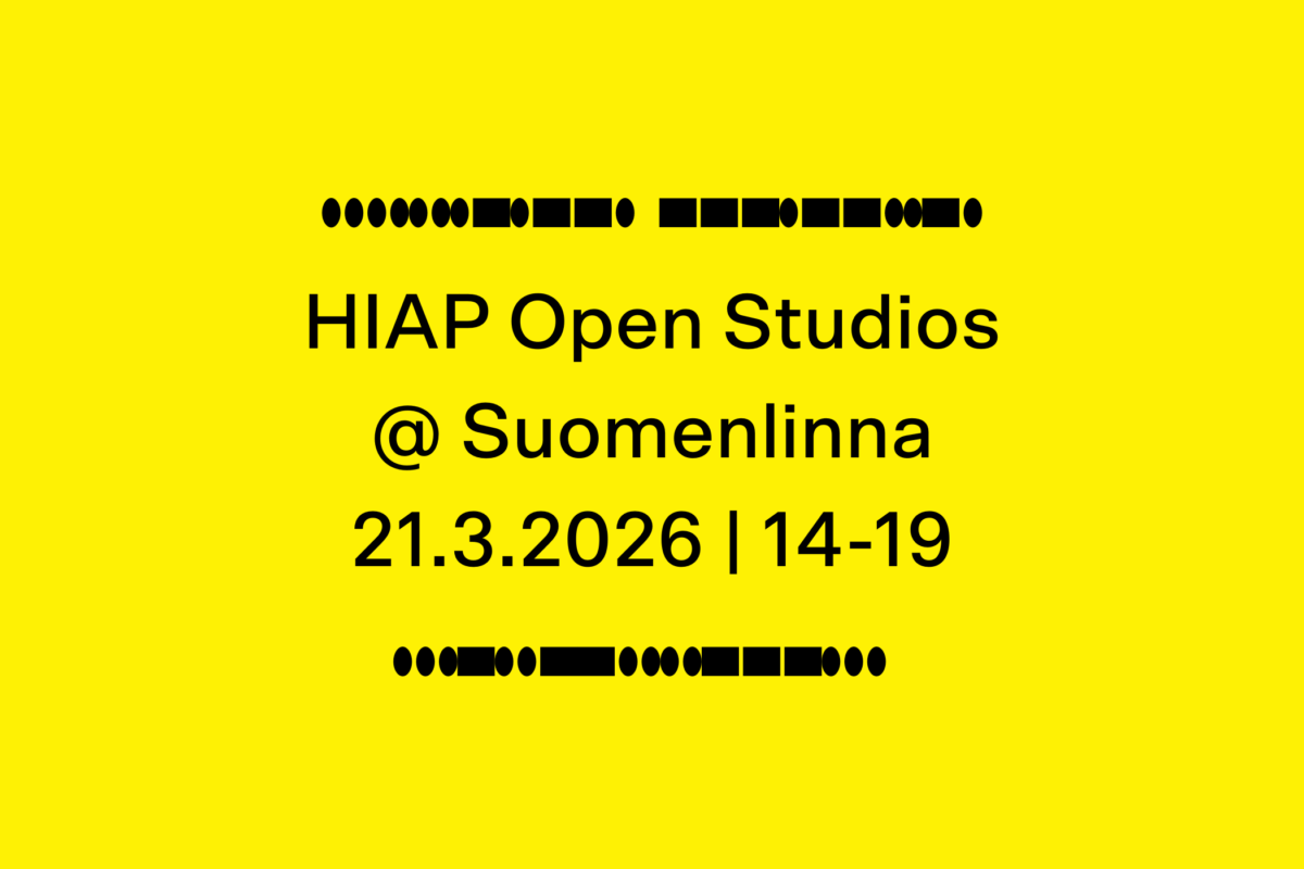 Yellow background with black text: "HIAP Open Studios @Suomenlinna, 21.3.2026, 14-19.