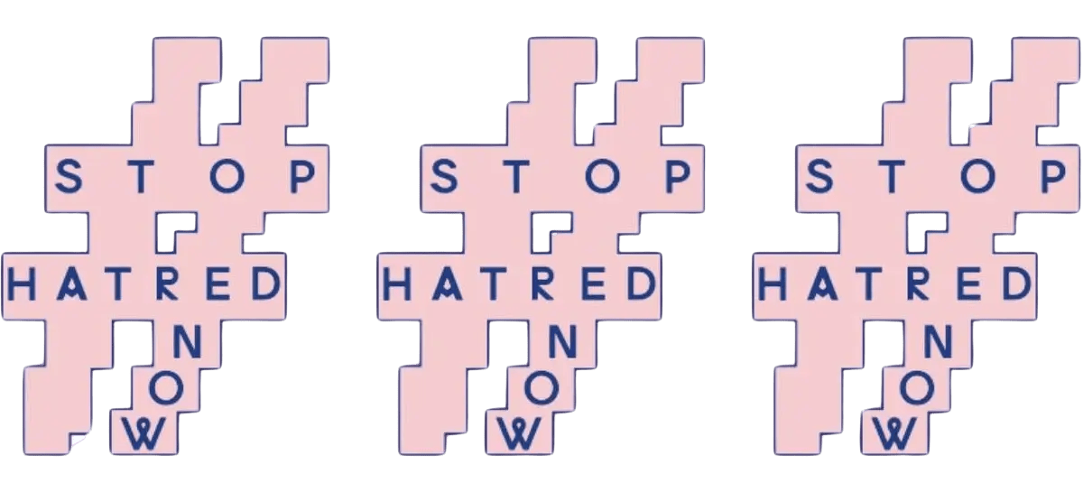 Logo with pink background and cube-like shapes saying "Stop Hatred Now"