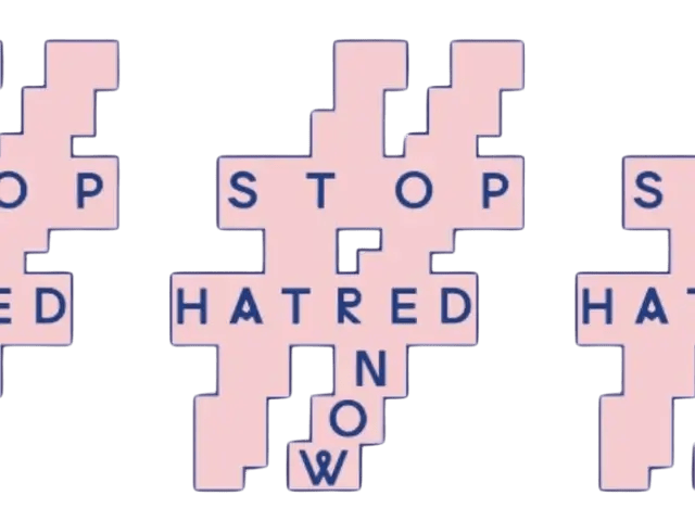 Logo with pink background and cube-like shapes saying "Stop Hatred Now"