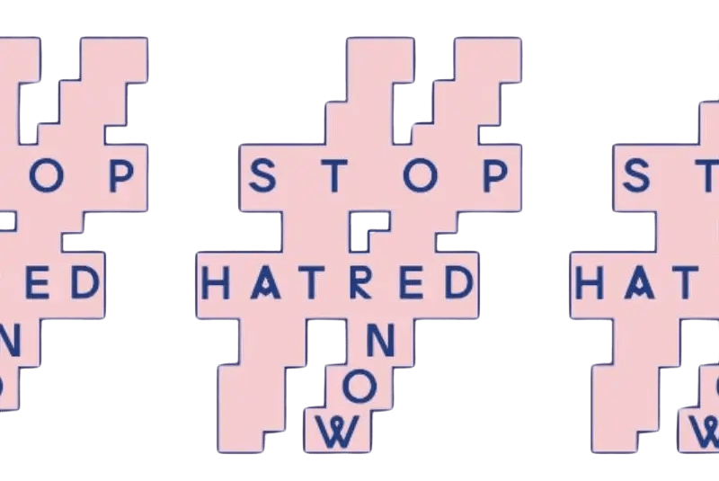 Logo with pink background and cube-like shapes saying "Stop Hatred Now"
