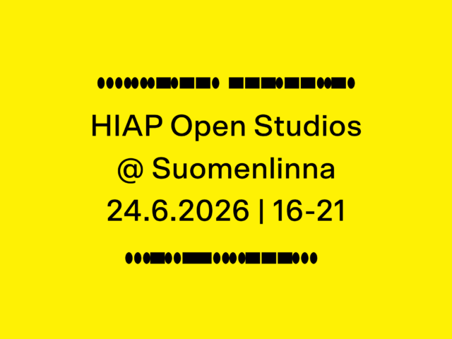 Yellow background with morse code graphics and the text "HIAP Open Studios @ Suomenlinna 24.6.2026, 16-21