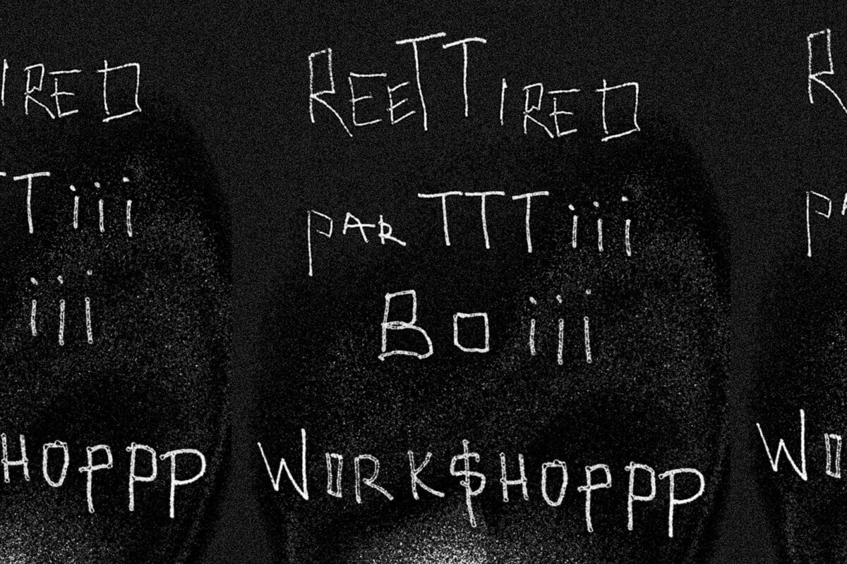 Black background with hand-written white text saying "retirreeddd partttyyyy boiiii"