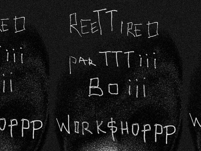 Black background with hand-written white text saying "retirreeddd partttyyyy boiiii"